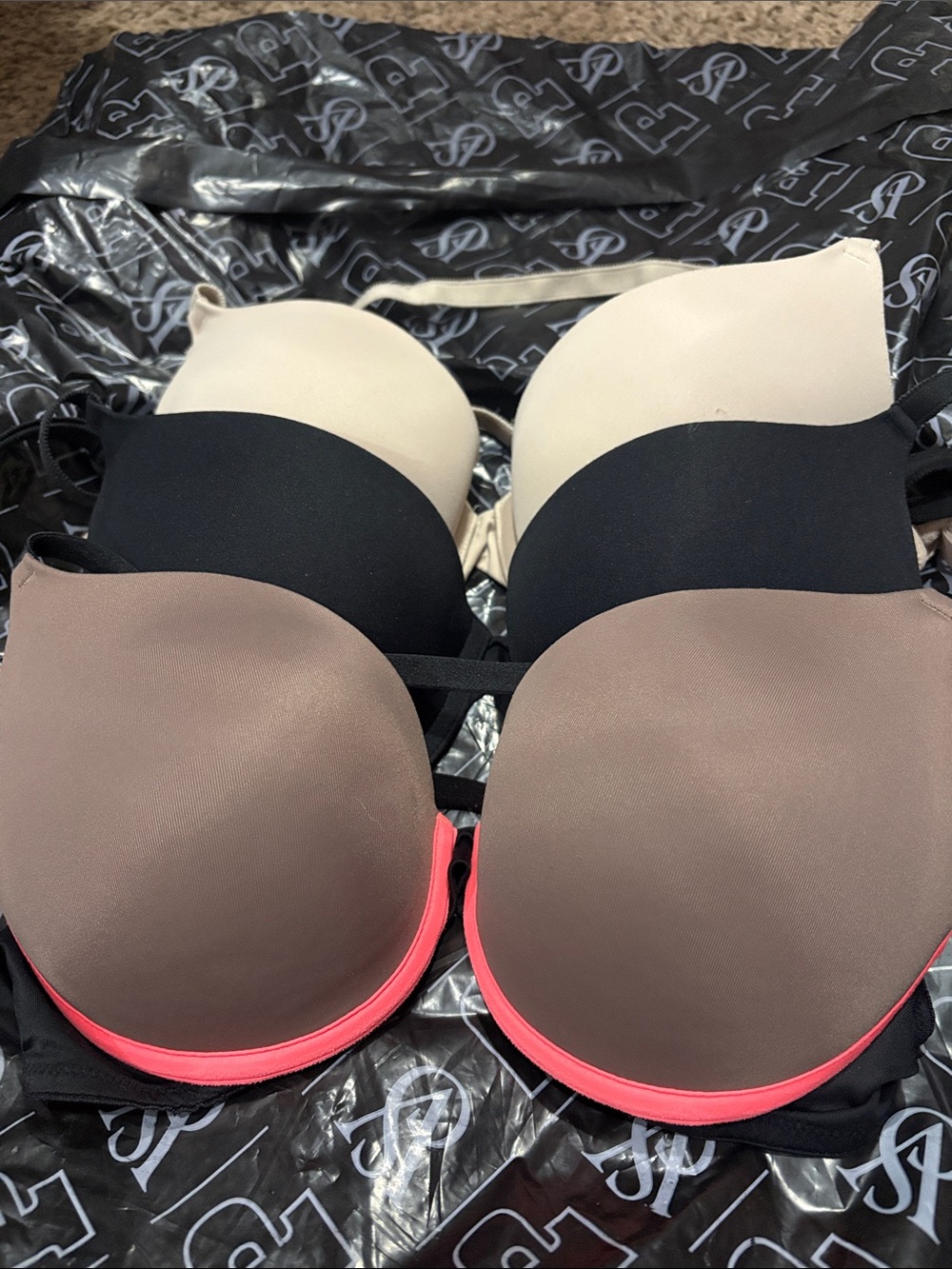 PINK Victoria's Secret 3-Pack Padded Bras in Nude, Black & Brown with Pink Trim